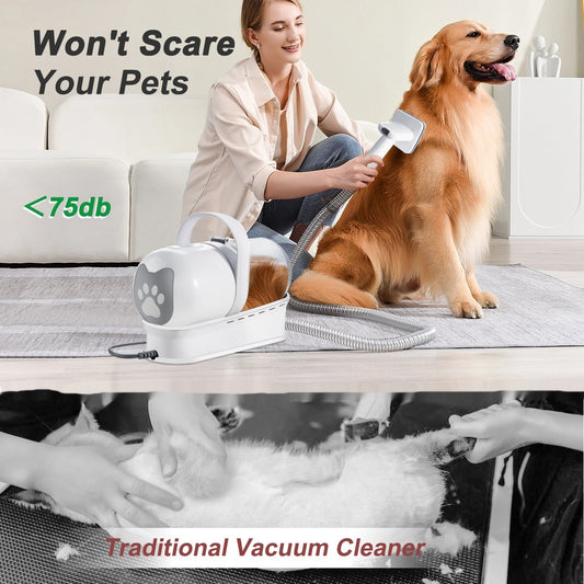 Golden Retriever being groomed with the Zero Fur™ Pet Grooming Vacuum Kit. Mess-Free Dog Shedding Tool with Quiet Pet Grooming Clippers